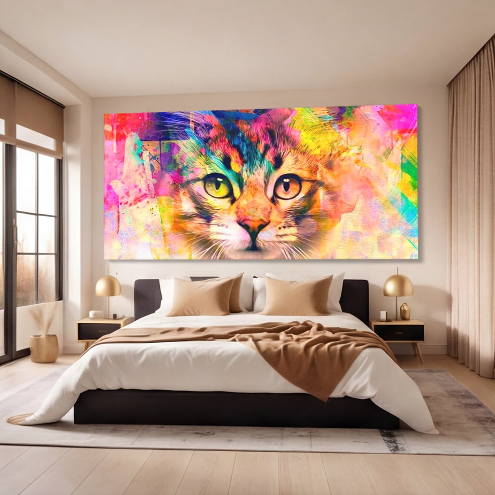 Tablou canvas cu tablou canvas cu pisica in stil graffiti, fara rama, pe sasiu de lemn, pe perete intr-un dormitor